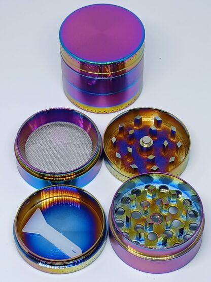 Grinder de metal tornasol de 4 alturas, 3.7cm ancho por 4cm de alto.