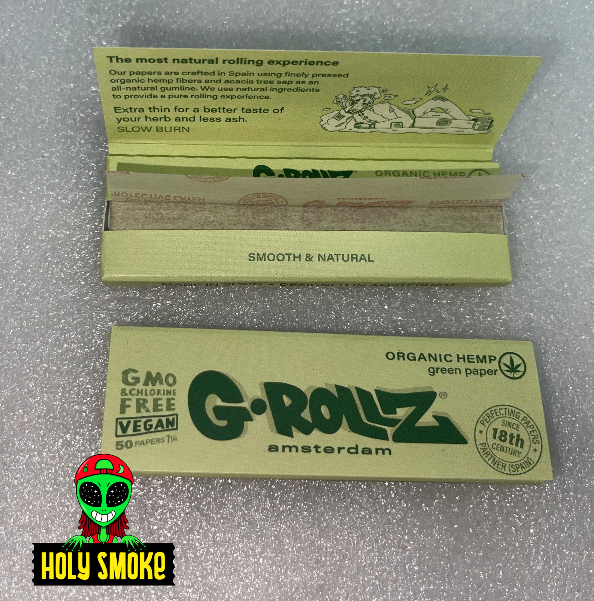Papel de fumar G Rollz Cheech y Chong de Cáñamo, color verde bioorgánico, tamaño 1 1/4 , 50 hojas.