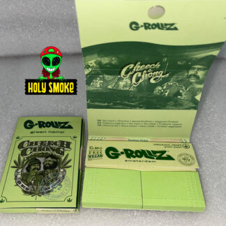 Papel de fumar G Rollz Cheech y Chong de Cáñamo, color verde bioorgánico, tamaño 1 1/4 , 50 hojas, 50 tips, bandeja plegable y su palita de bambú.