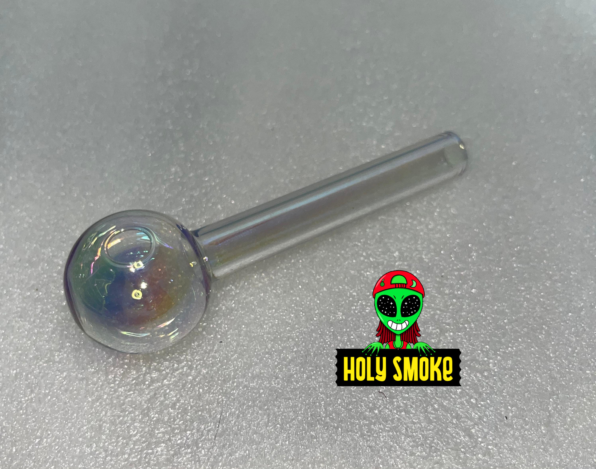Tubo recto puki para quemador de aceite de vidrio iridiscente (arcoiris) cabeza grande 10 cm de largo.
