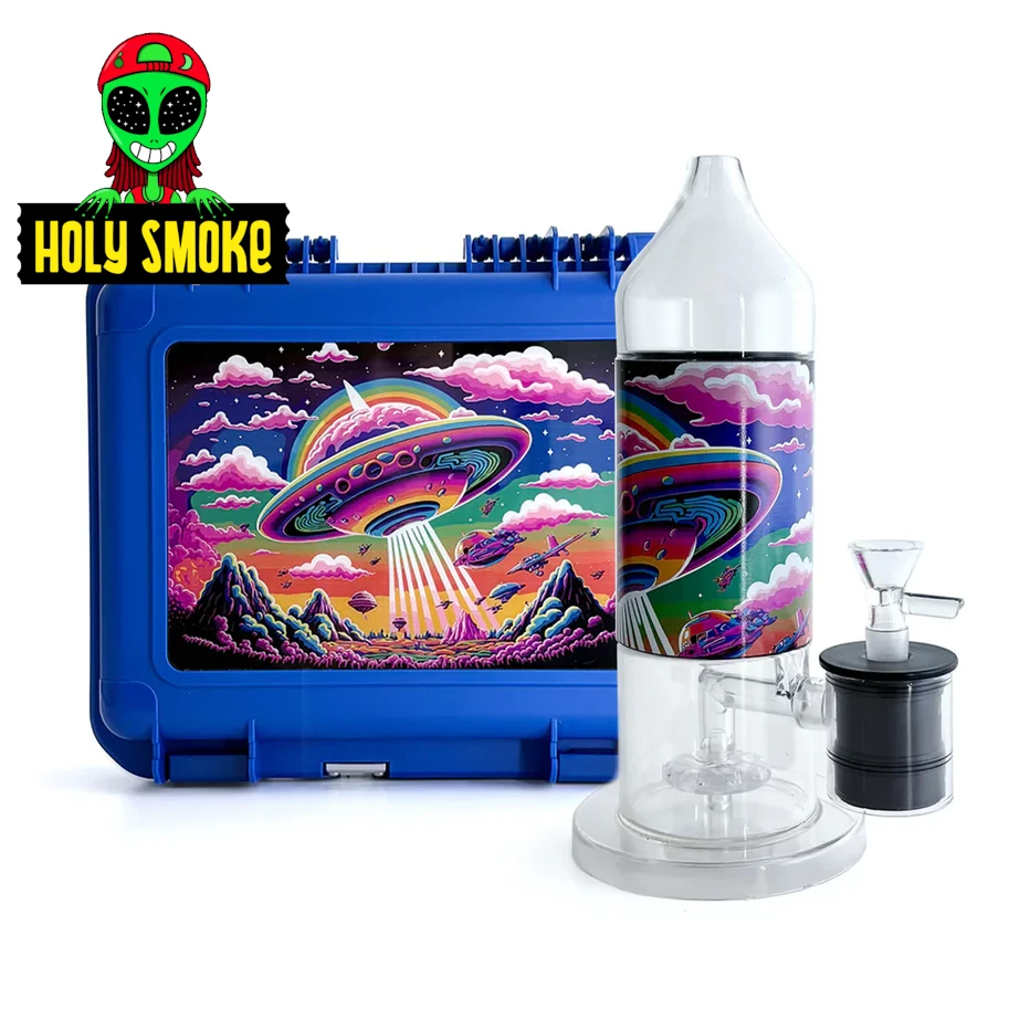 maletín azul con kit portátil de bong eléctrico con luces LED, diseño OVNI